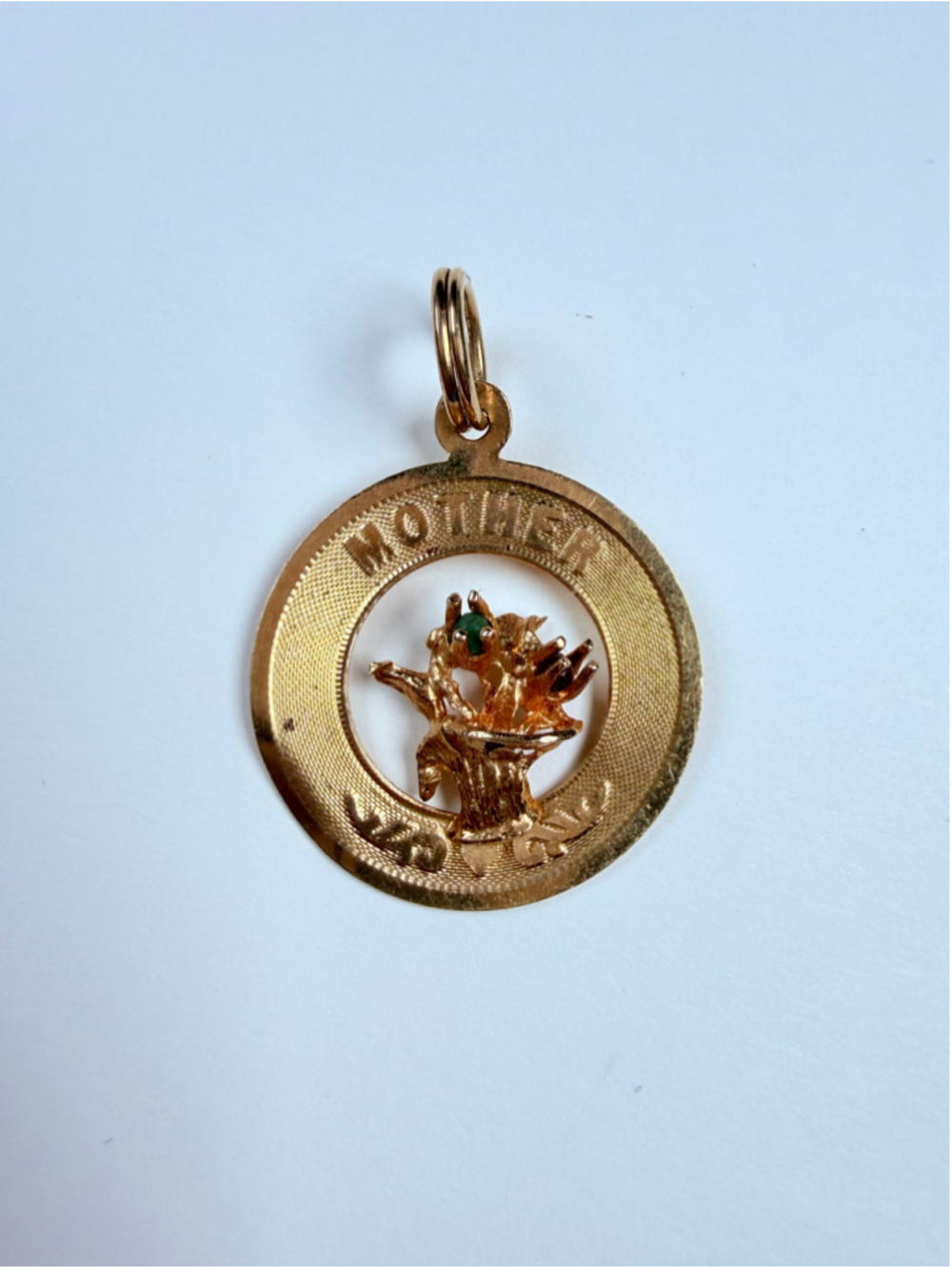 14K Solid Yellow Gold "Mother" Ruby & Emerald Floral Bouquet Round VTG Charm